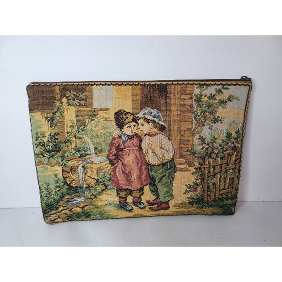 Antique Woven Tapestry Children In Garden Evening Purse Makeup Case Victorian - Picture 4 of 5